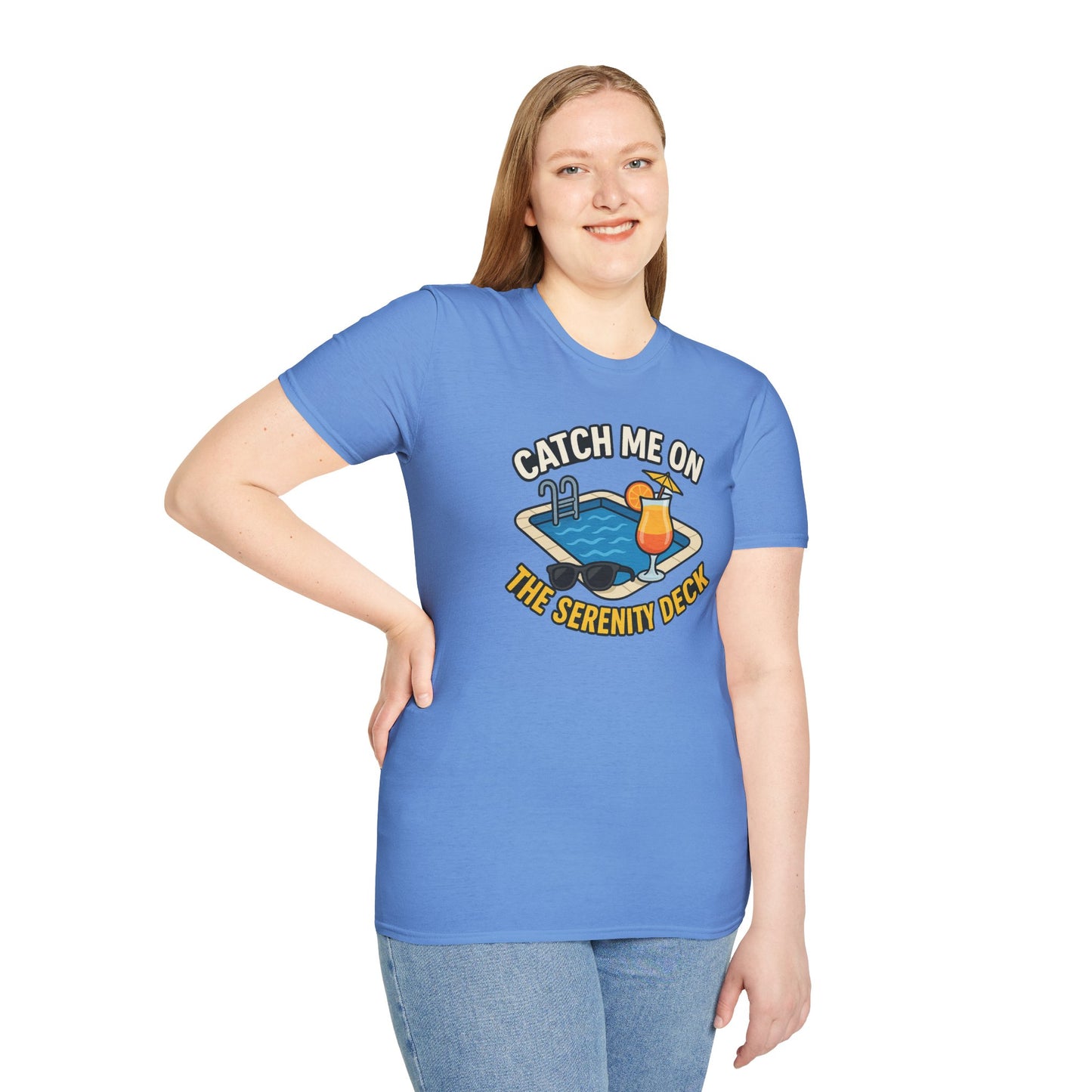 Catch Me on the Serenity Deck Unisex Softstyle T-Shirt, Relaxation Tee, Vacation T-Shirt, Beachwear, Gift for Travel Lovers