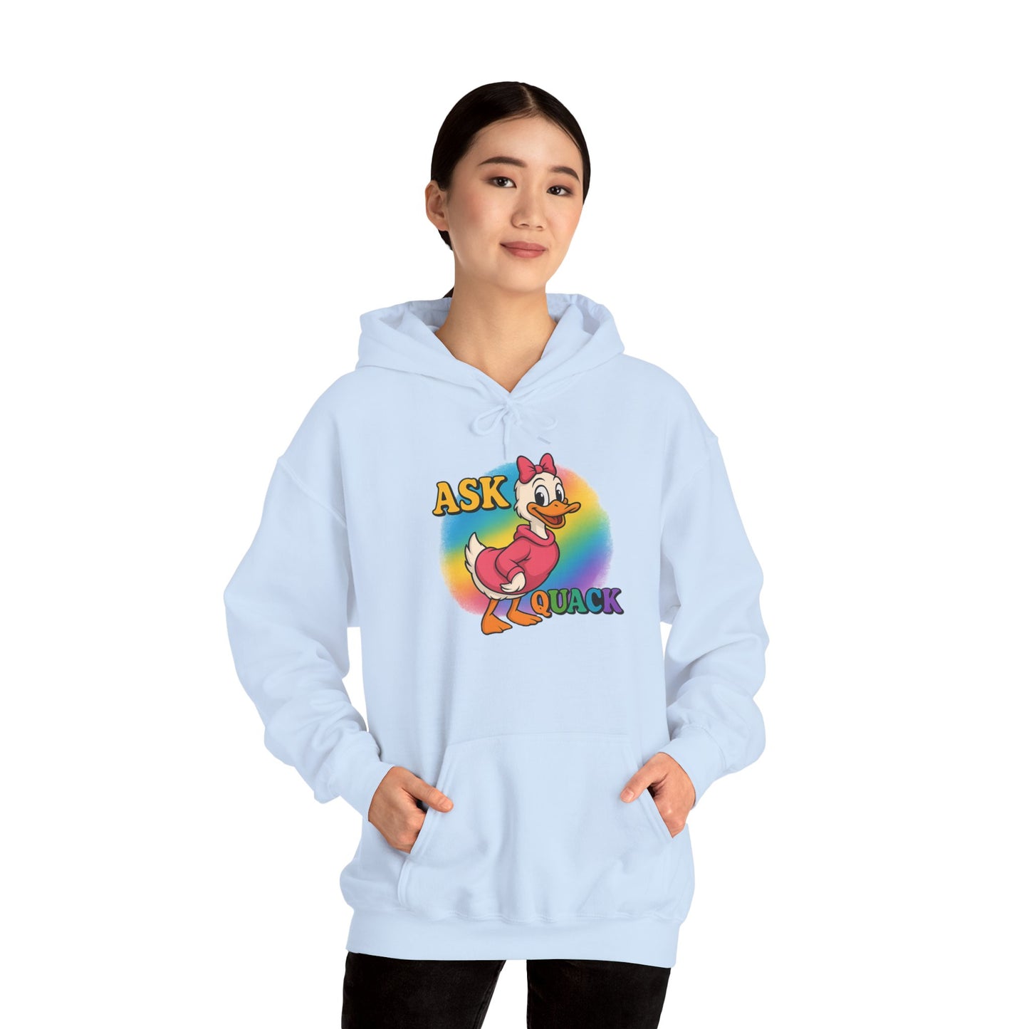 Askquack Female Duck Unisex Hoodie, Quirky Duck Design Sweatshirt, Novelty Animal Jumper, Humorous Duck Apparel, Unique Hooded Top