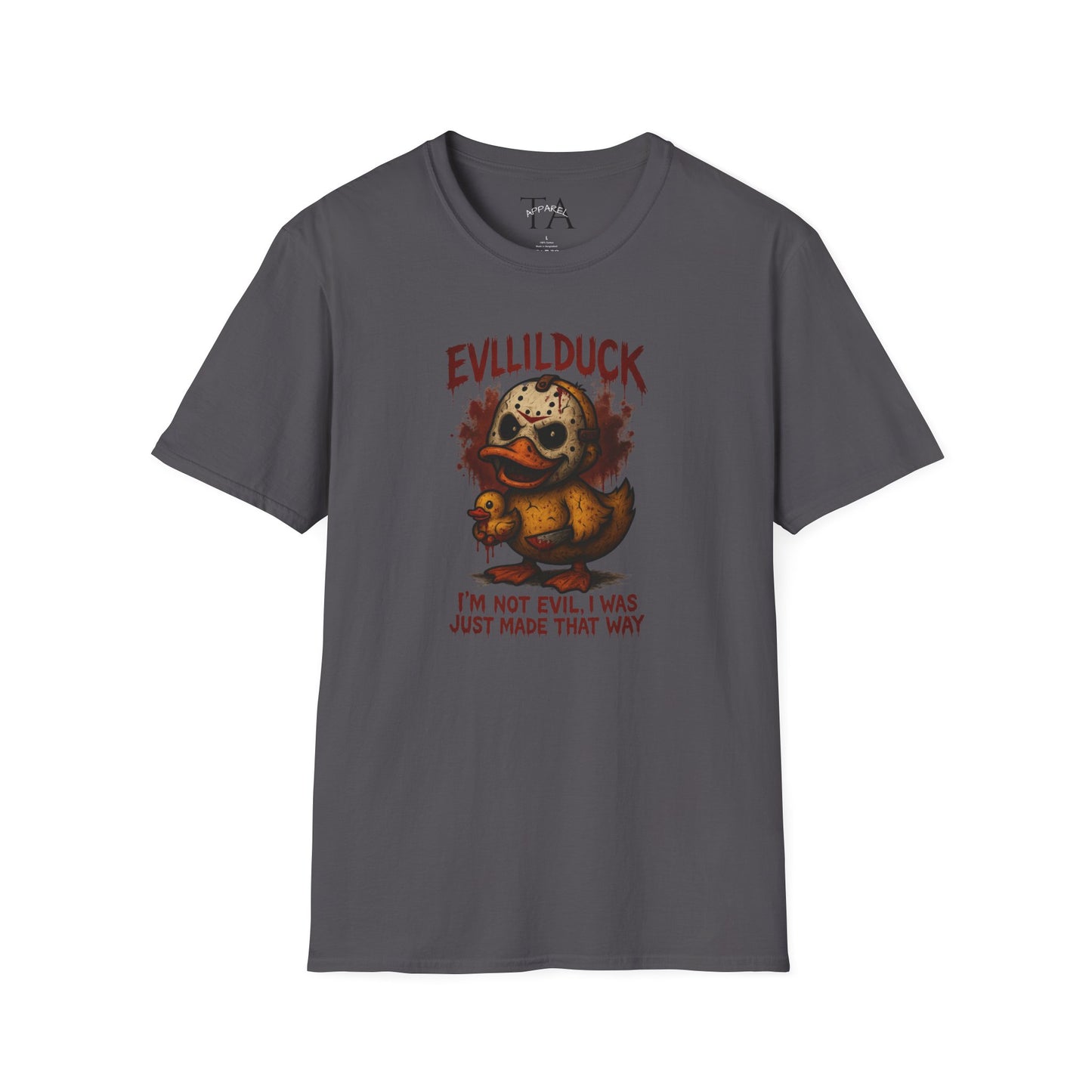 EVLLILDUCK Funny Graphic T-Shirt, Cute Duck Shirt, Unisex Softstyle Tee, Gift for Kids, Funny Quirky T-Shirt, Casual Wear, Halloween Apparel