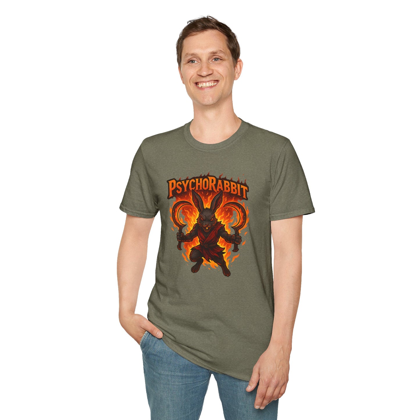 Psychorabbit Graphic Tee | Unisex Softstyle T-Shirt for Anime Fans and Gamers
