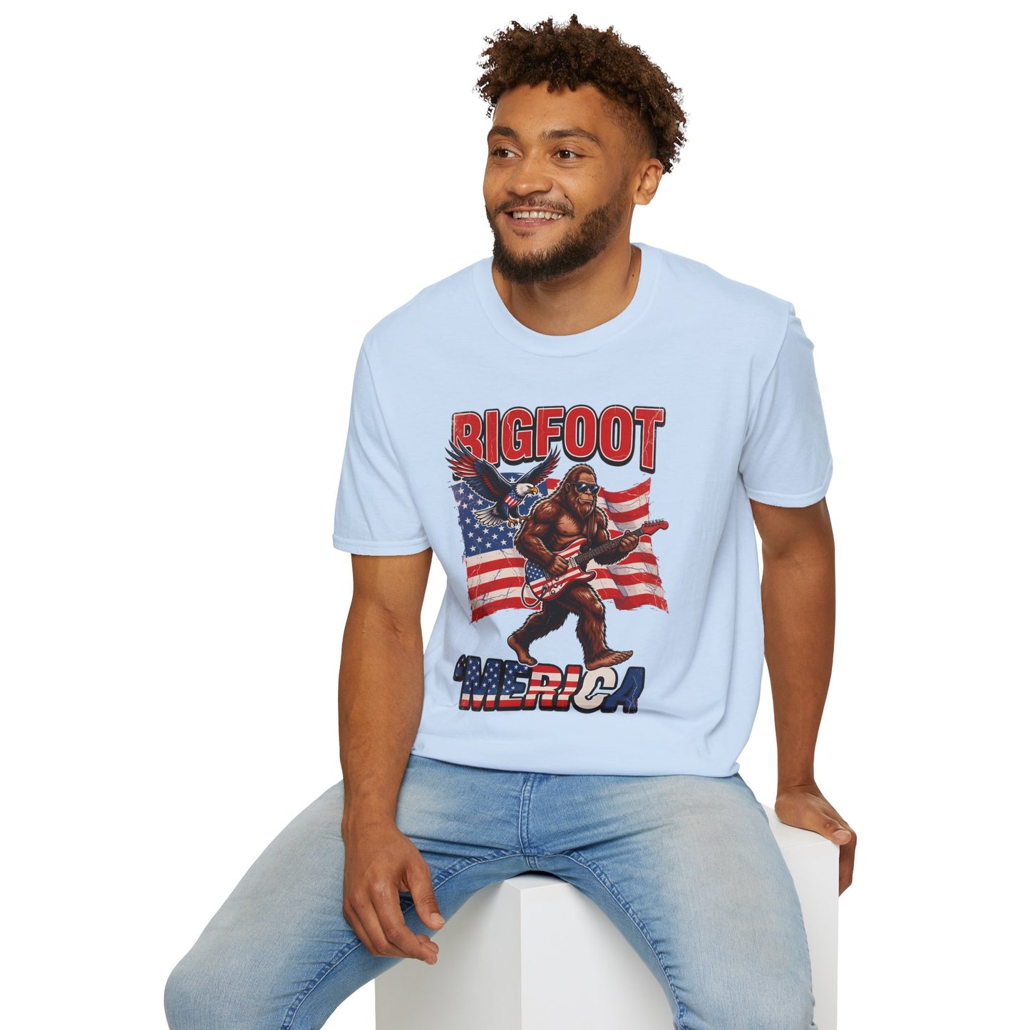 Bigfoot America T-Shirt — Patriotic Bigfoot Playing Guitar Graphic Tee