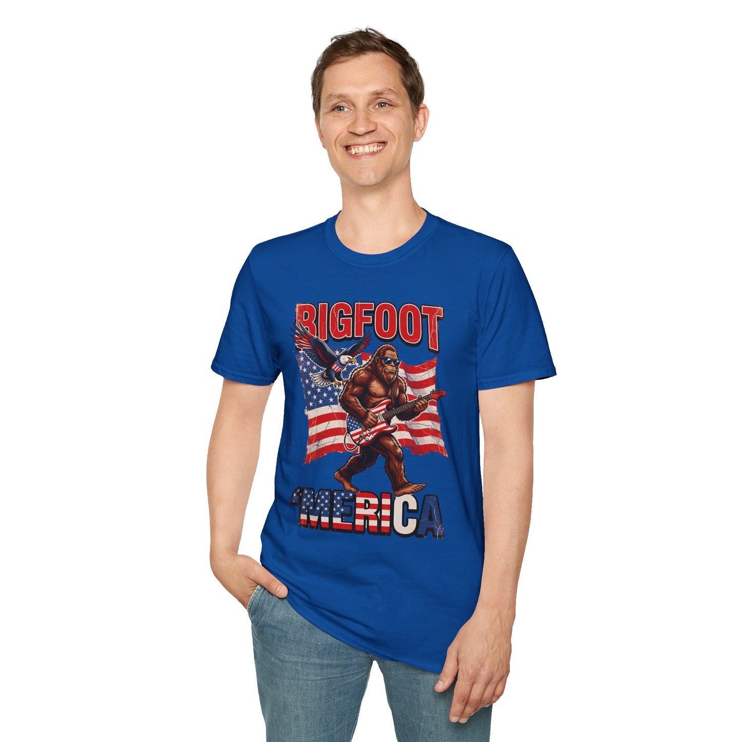 Bigfoot America T-Shirt — Patriotic Bigfoot Playing Guitar Graphic Tee