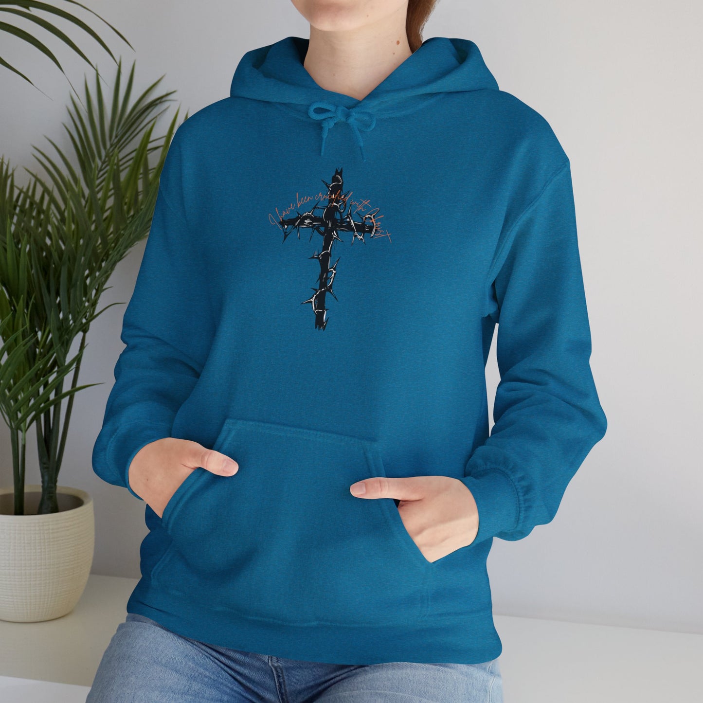 Faith Inspired Christian Cross with Thorns on Front and Galatians 2:20 on back Hooded Sweatshirt