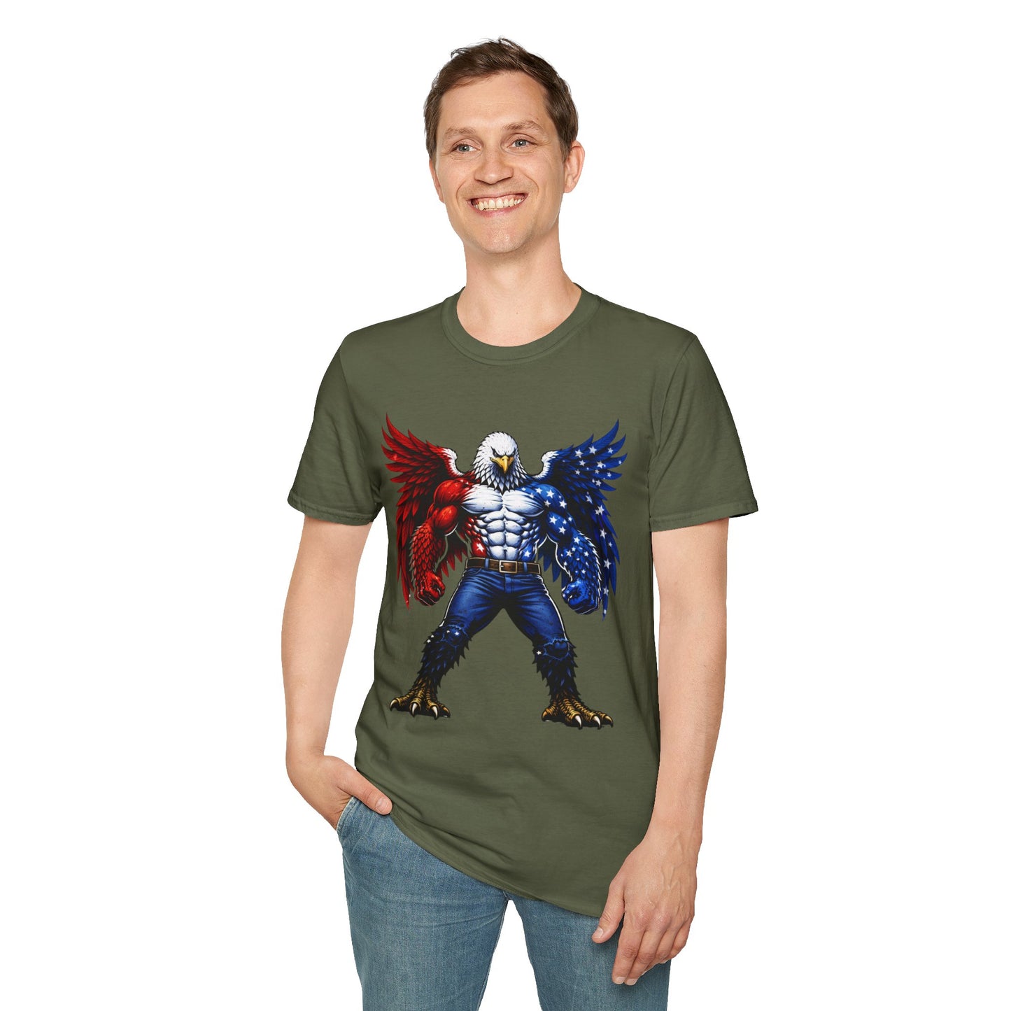 Birdmanzilla Patriotic Muscular Eagle T-Shirt | Red White Blue Winged Eagle Graphic
