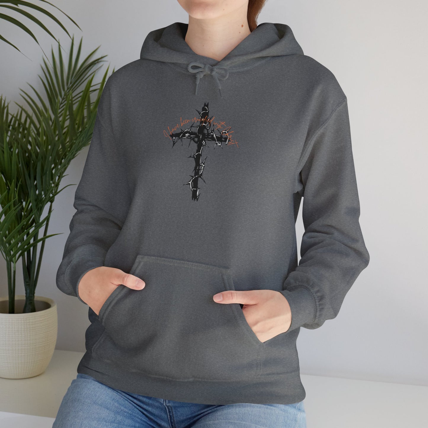 Faith Inspired Christian Cross with Thorns on Front and Galatians 2:20 on back Hooded Sweatshirt