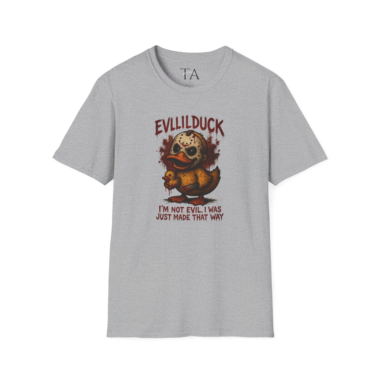 EVLLILDUCK Funny Graphic T-Shirt, Cute Duck Shirt, Unisex Softstyle Tee, Gift for Kids, Funny Quirky T-Shirt, Casual Wear, Halloween Apparel