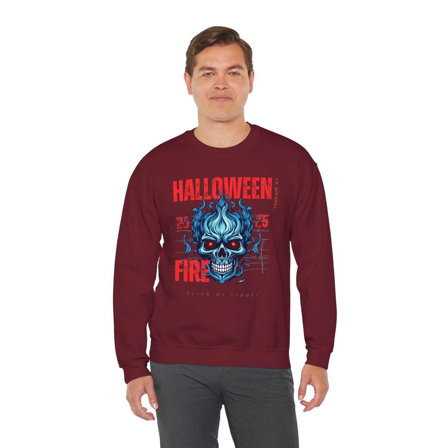 Halloween Fire Skull Sweatshirt, Unisex Crewneck for Fall, Spooky Season Apparel, Gift for Halloween Lovers, Cozy Awareness Top