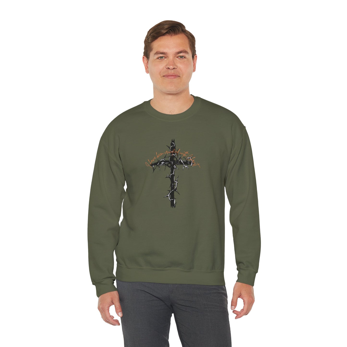 Faith Inspired Crewneck Sweatshirt Barbed Cross Design with Galatians 2:20
