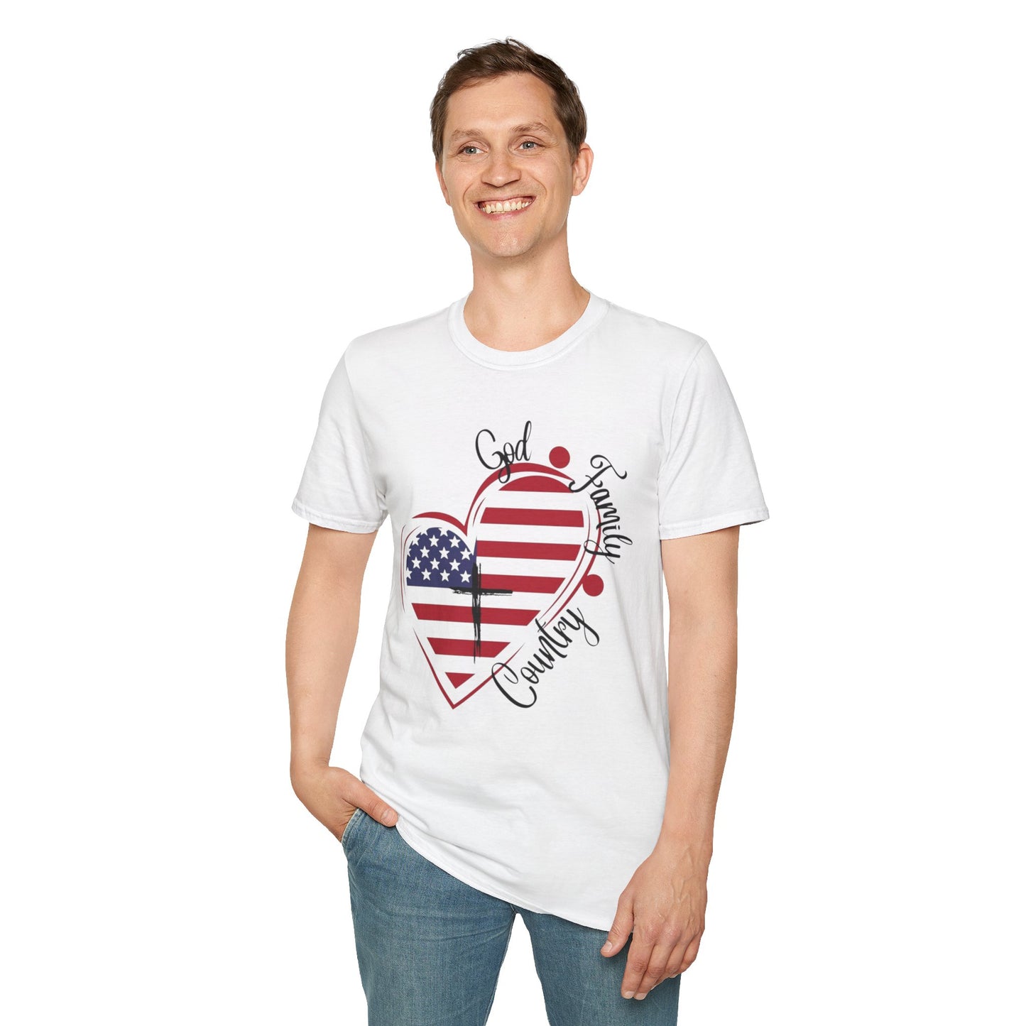 Patriotic Heart T-Shirt — "God Family Country" USA Flag Graphic