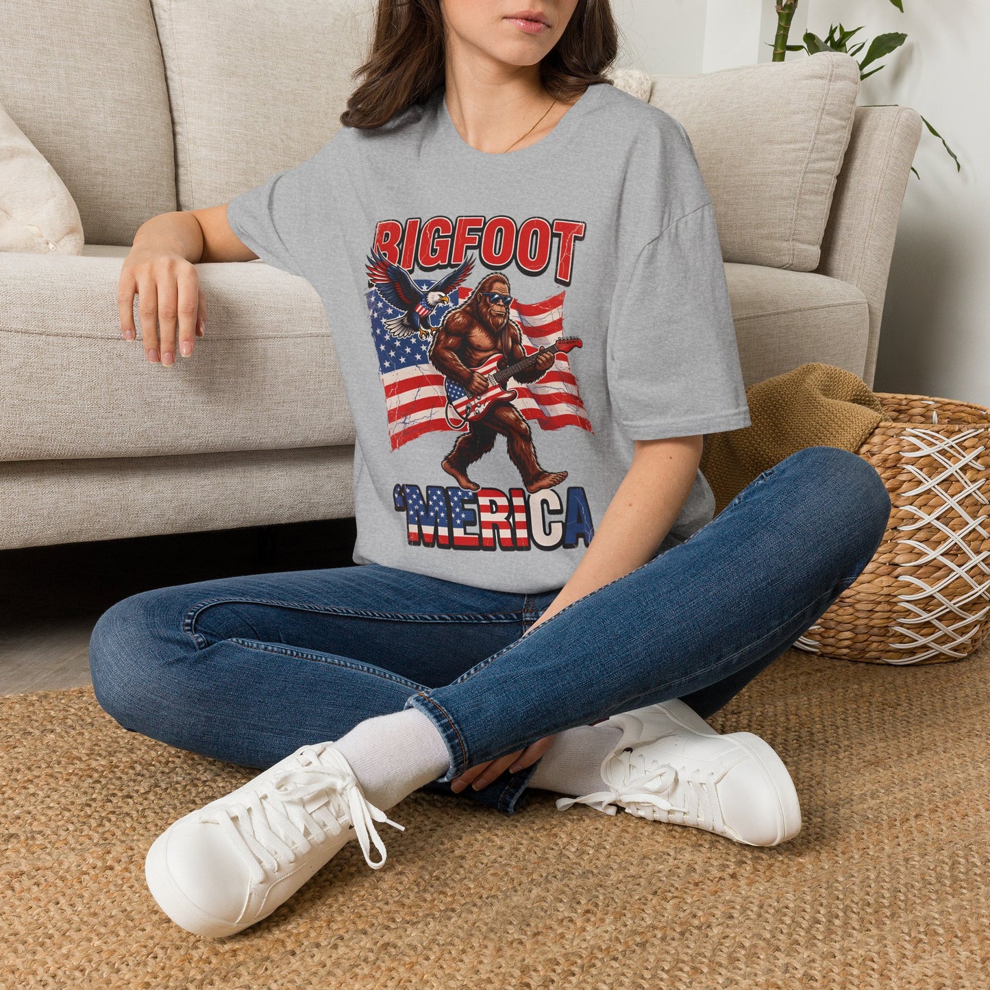 Bigfoot America T-Shirt — Patriotic Bigfoot Playing Guitar Graphic Tee