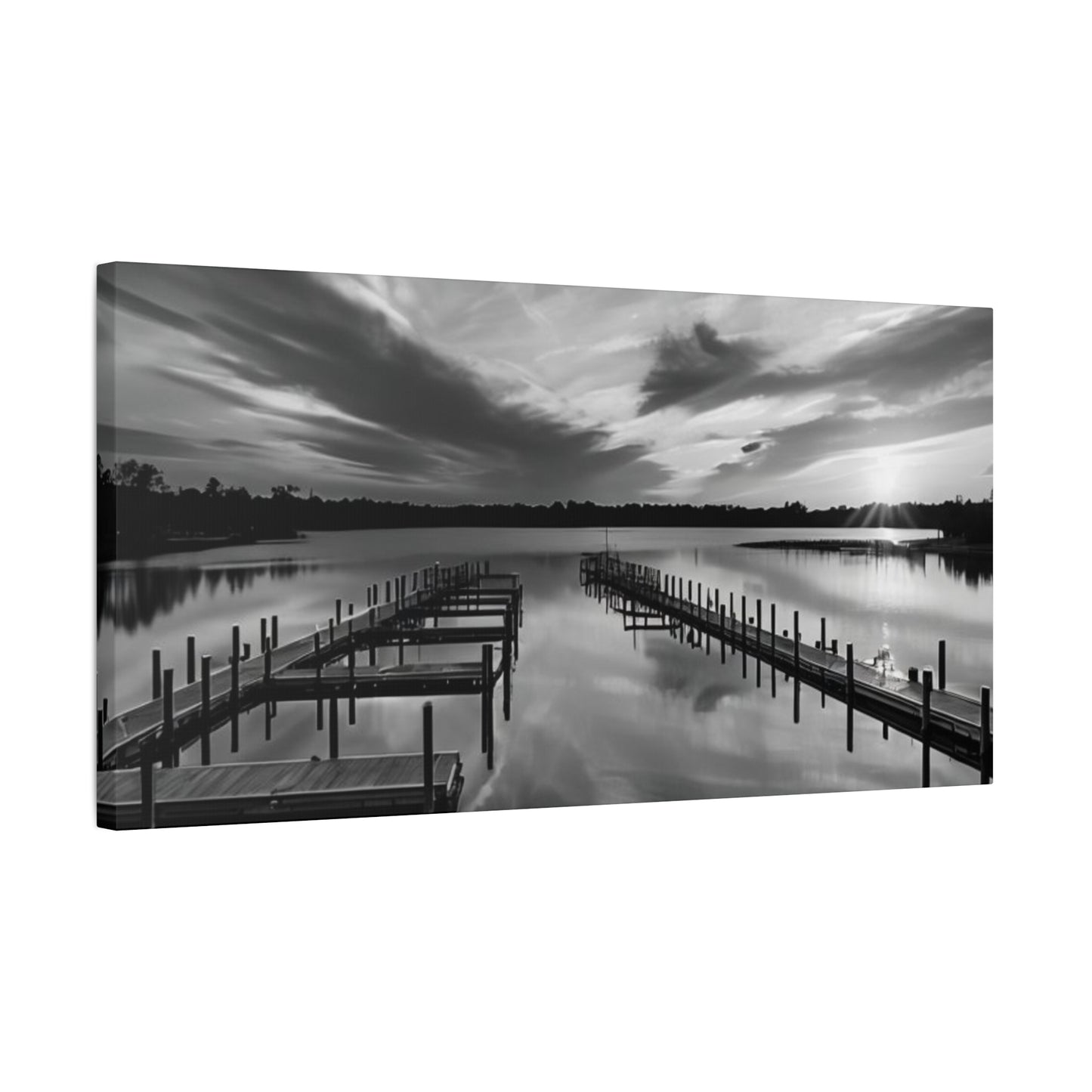 Serene Black and White Landscape Canvas Wall Art. Experience the calming vibe of overlooking the water at the end of the day.