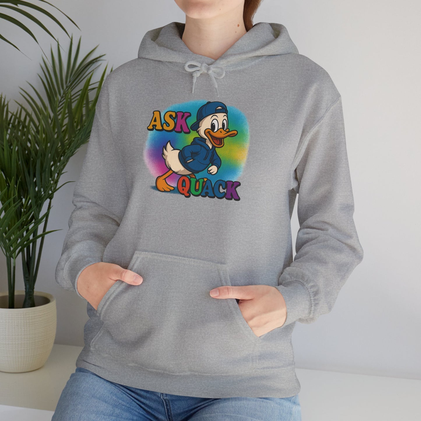 Askquack Male Duck Unisex Hoodie, Quirky Duck Design Sweatshirt, Novelty Animal Jumper, Humorous Duck Apparel, Unique Hooded Top