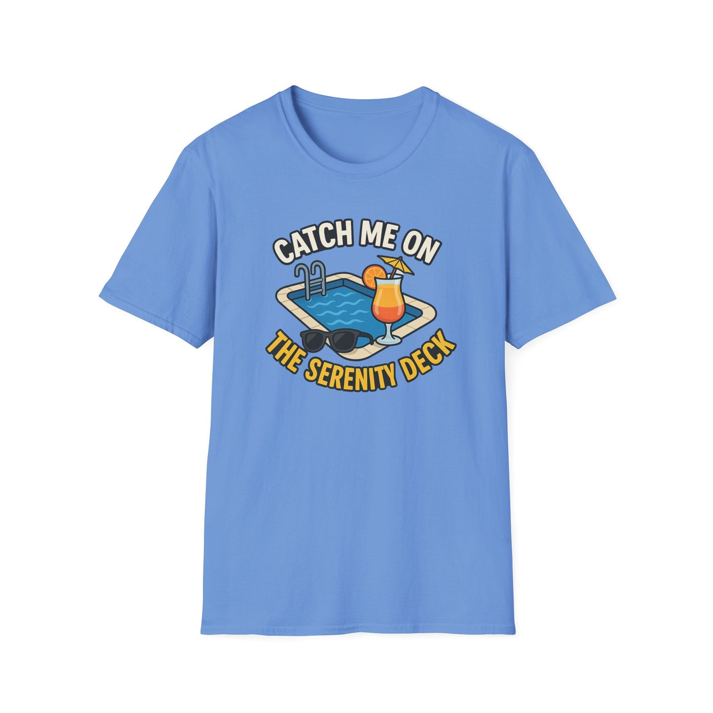 Catch Me on the Serenity Deck Unisex Softstyle T-Shirt, Relaxation Tee, Vacation T-Shirt, Beachwear, Gift for Travel Lovers