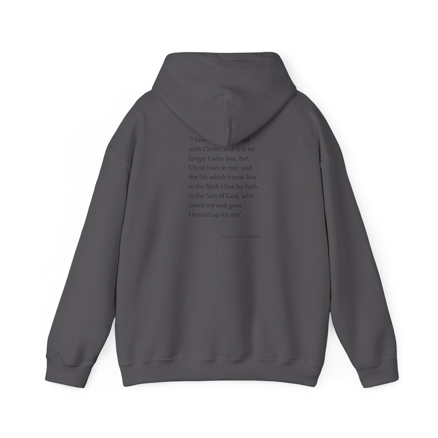 Faith Inspired Christian Cross with Thorns on Front and Galatians 2:20 on back Hooded Sweatshirt