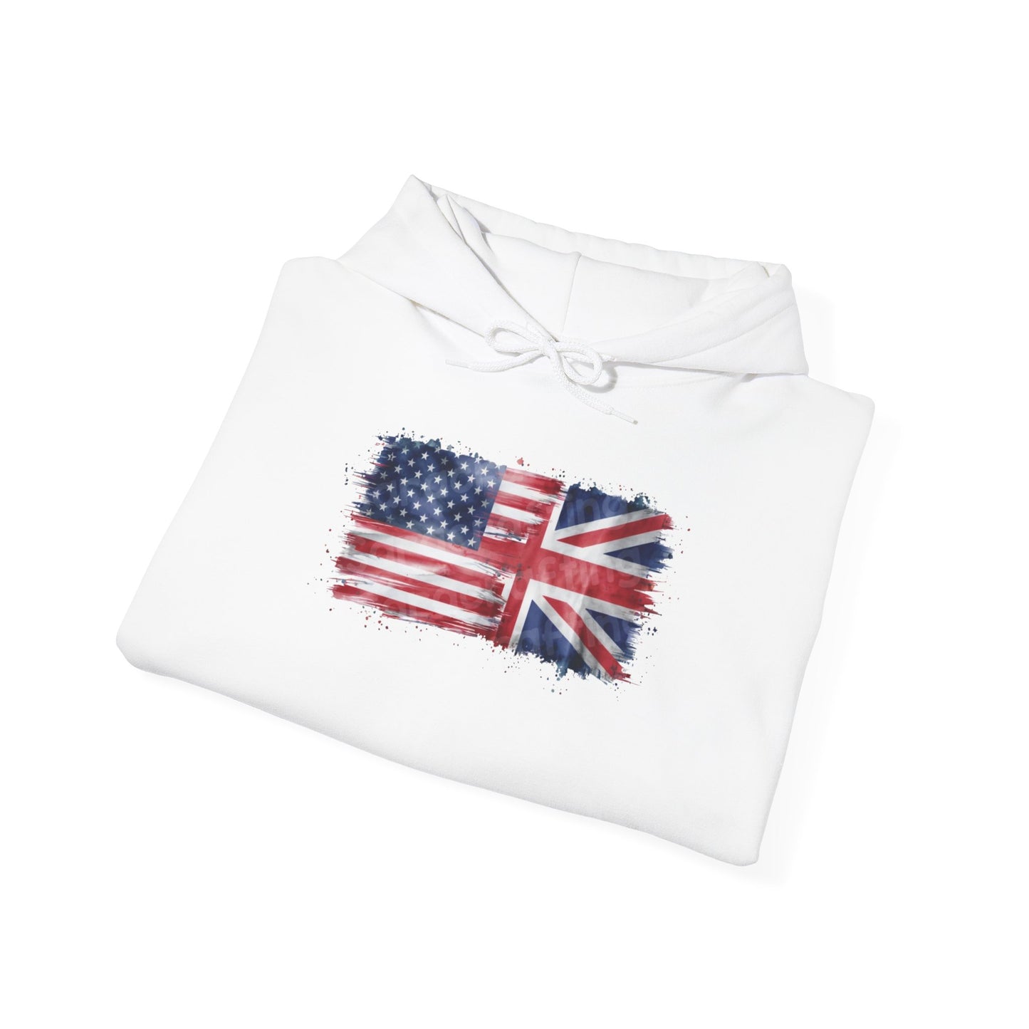 Patriotic Hooded Sweatshirt | Unisex Heavy Blend™ | USA & UK Flag Design | Cozy Gift for Holidays, Reunions, or Casual Wear