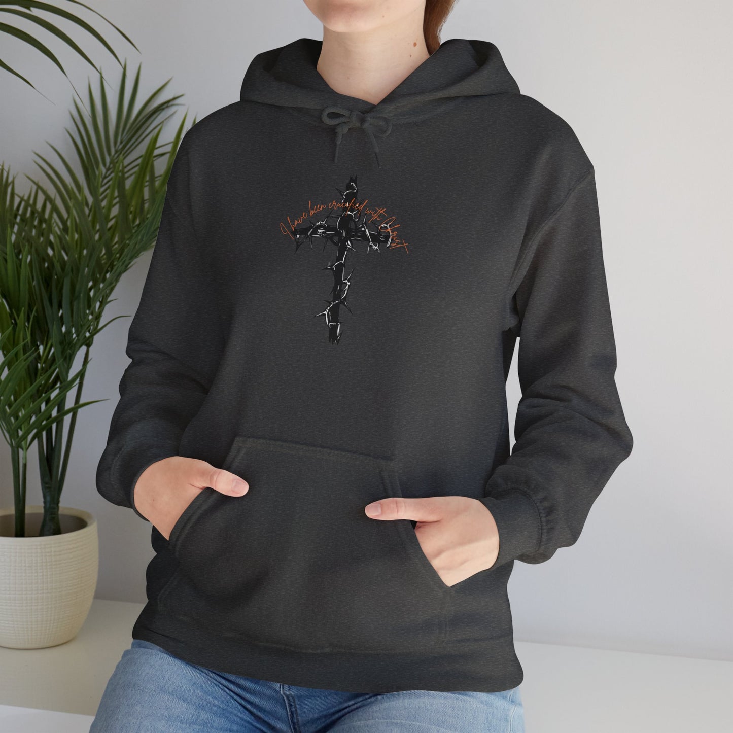 Faith Inspired Christian Cross with Thorns on Front and Galatians 2:20 on back Hooded Sweatshirt