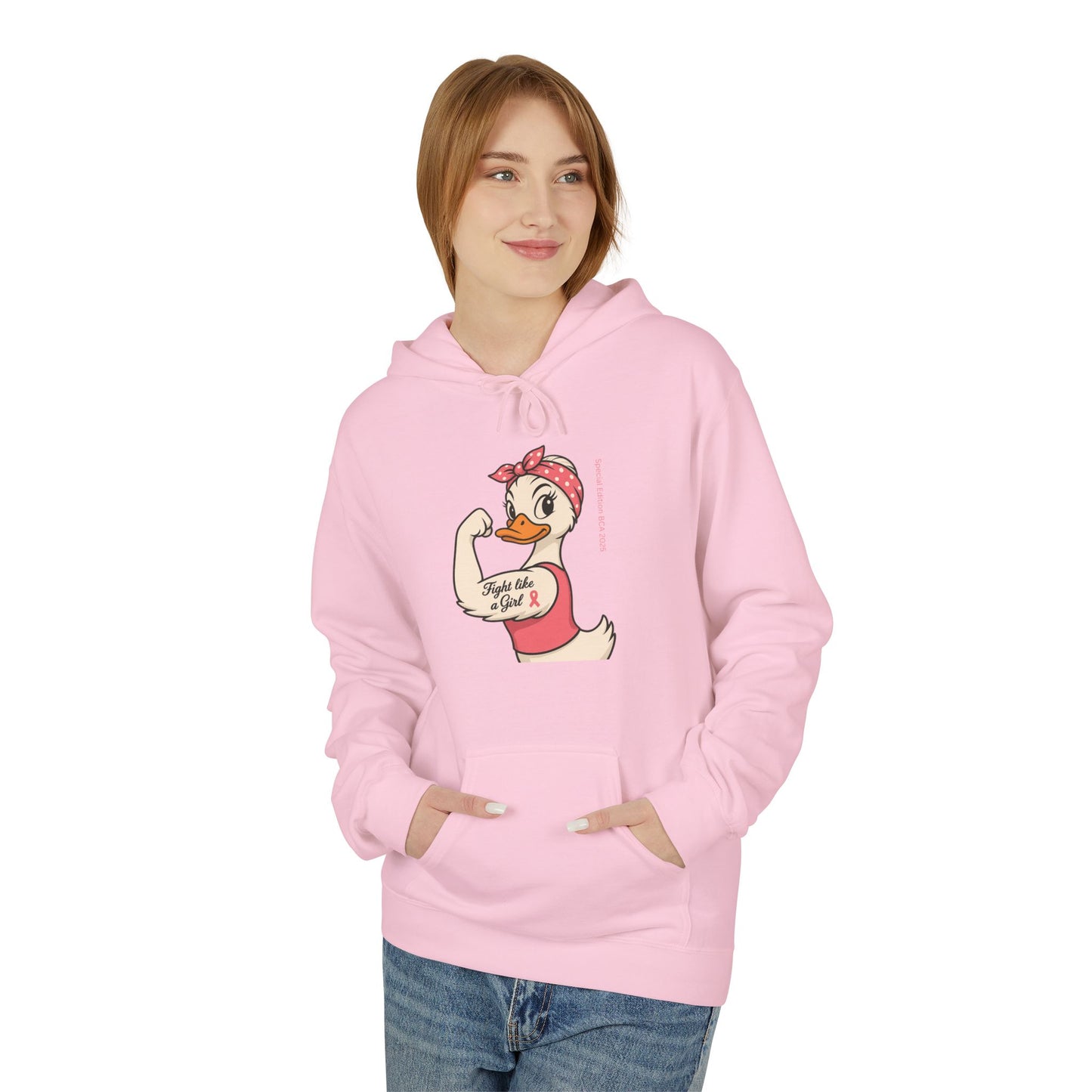 Breast Cancer Awareness Hoodie - Roxie the Riveter Duck Graphic - Fight Like a Girl Slogan, Feminist Apparel, Pink Ribbon Hoodie, Advocacy
