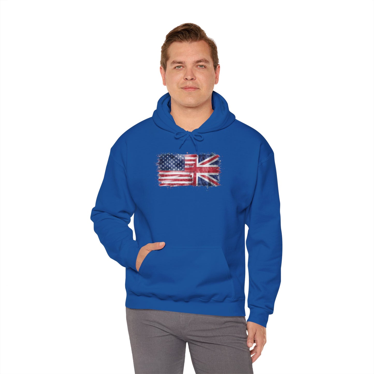 Patriotic Hooded Sweatshirt | Unisex Heavy Blend™ | USA & UK Flag Design | Cozy Gift for Holidays, Reunions, or Casual Wear