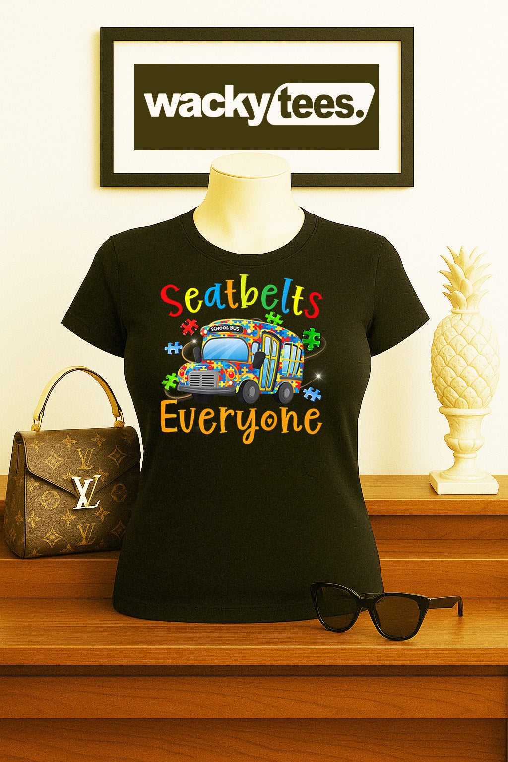 Seatbelts Everyone School Bus Autism Awareness Graphic Tee Shirt