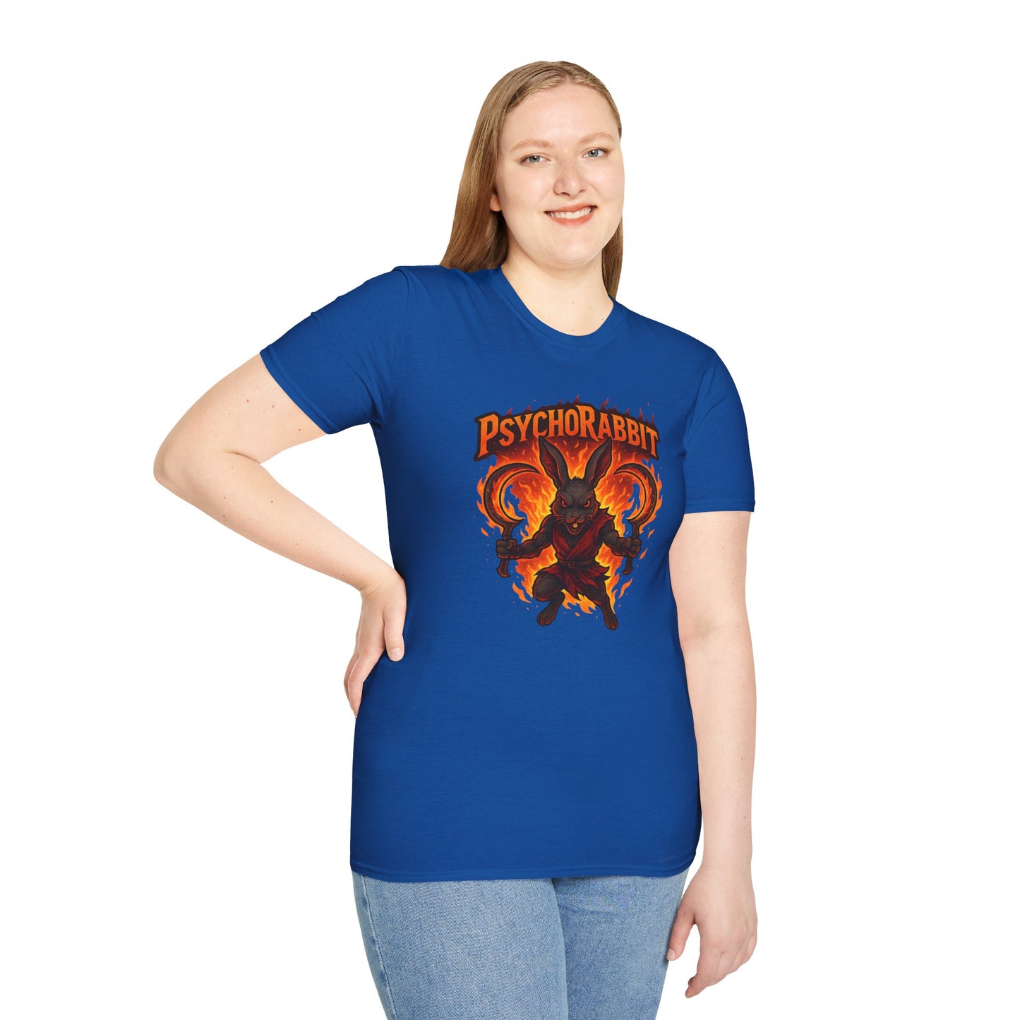 Psychorabbit Graphic Tee | Unisex Softstyle T-Shirt for Anime Fans and Gamers