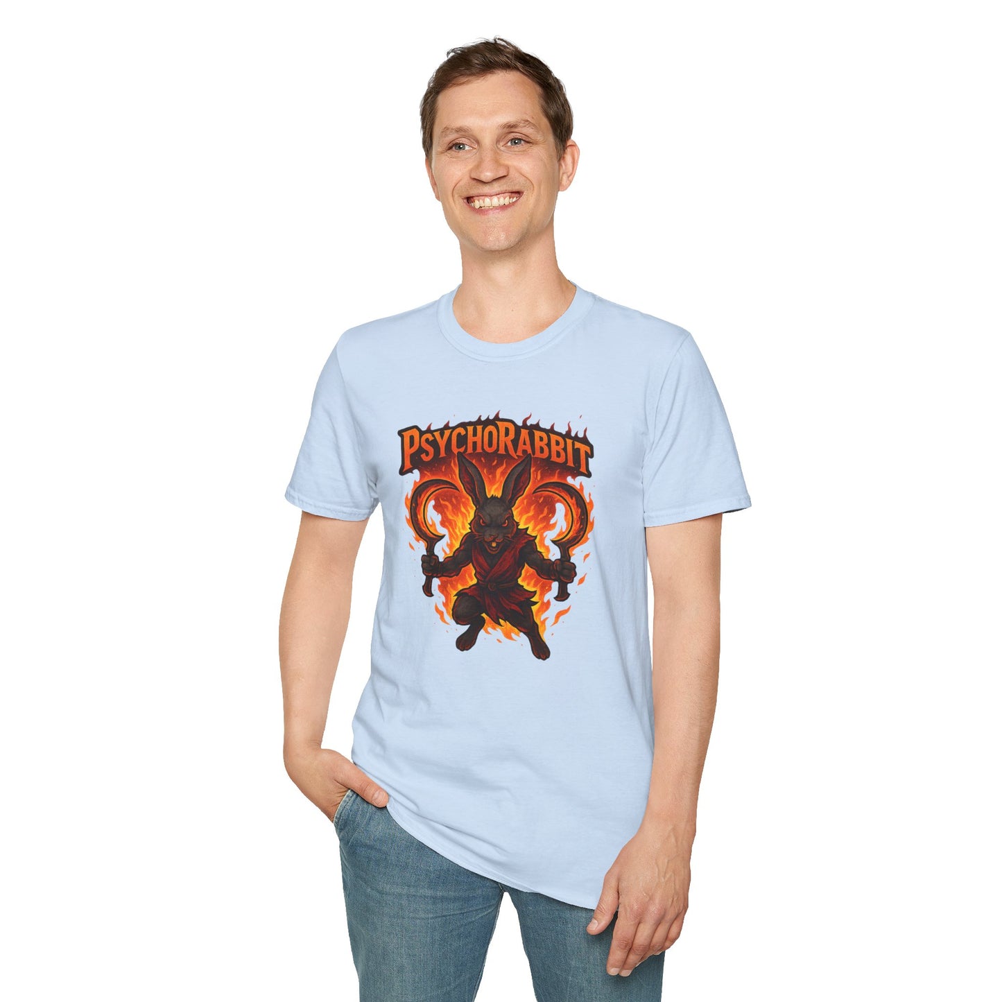 Psychorabbit Graphic Tee | Unisex Softstyle T-Shirt for Anime Fans and Gamers