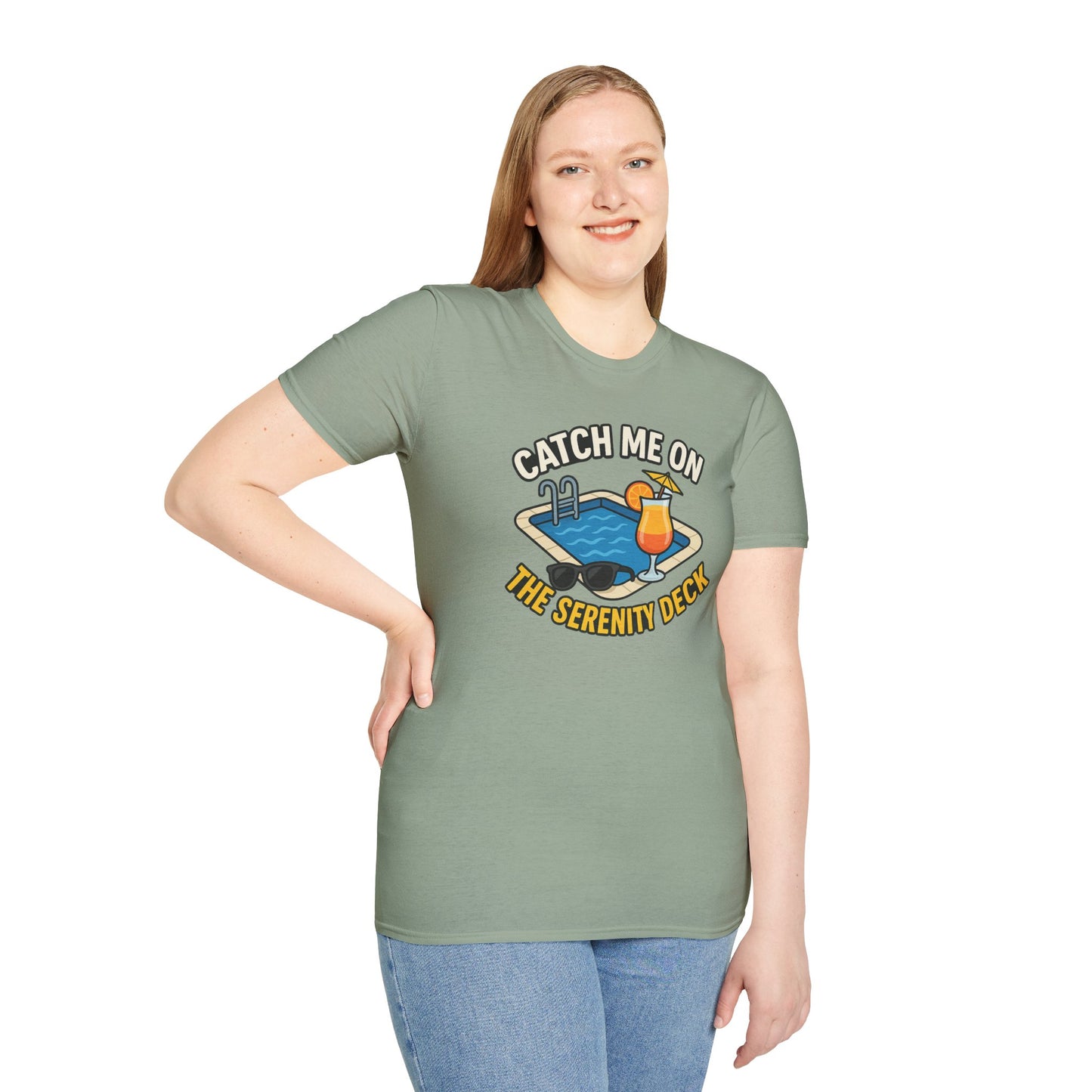 Catch Me on the Serenity Deck Unisex Softstyle T-Shirt, Relaxation Tee, Vacation T-Shirt, Beachwear, Gift for Travel Lovers