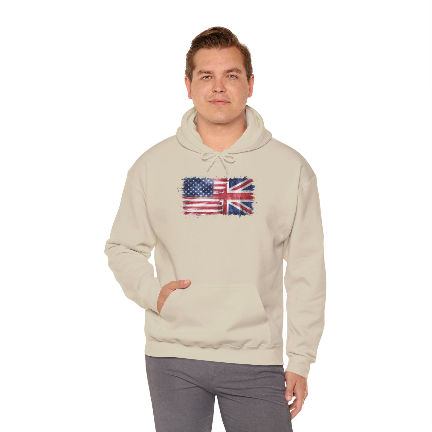 Patriotic Hooded Sweatshirt | Unisex Heavy Blend™ | USA & UK Flag Design | Cozy Gift for Holidays, Reunions, or Casual Wear