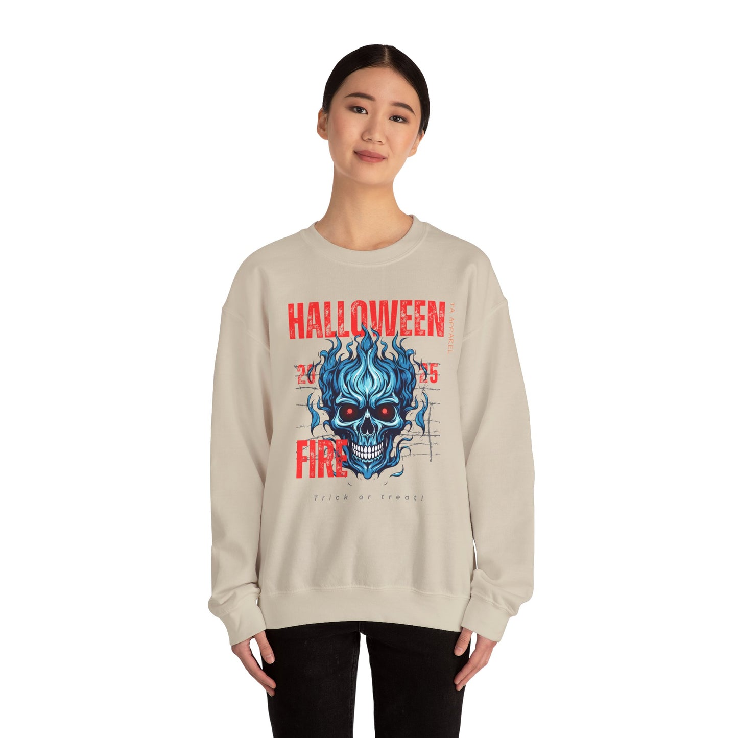 Halloween Fire Skull Sweatshirt, Unisex Crewneck for Fall, Spooky Season Apparel, Gift for Halloween Lovers, Cozy Awareness Top