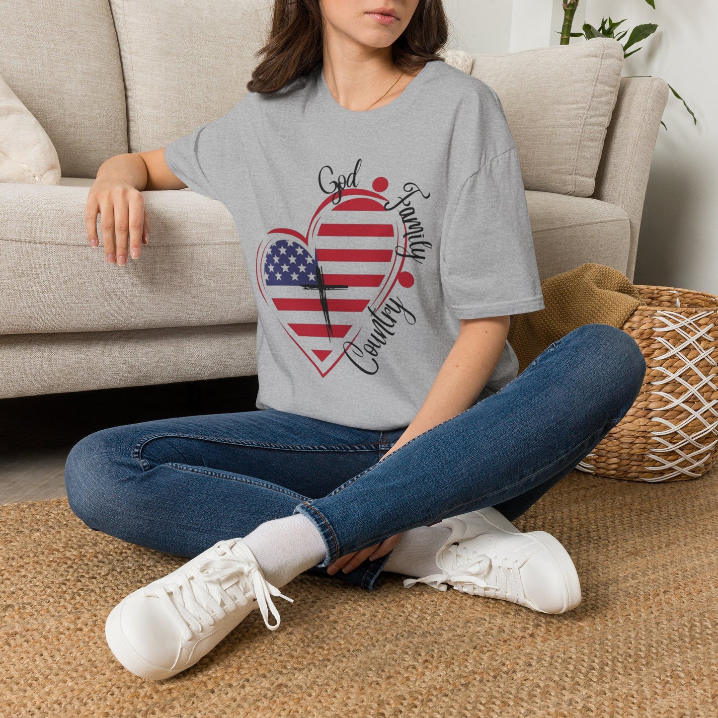 Patriotic Heart T-Shirt — "God Family Country" USA Flag Graphic