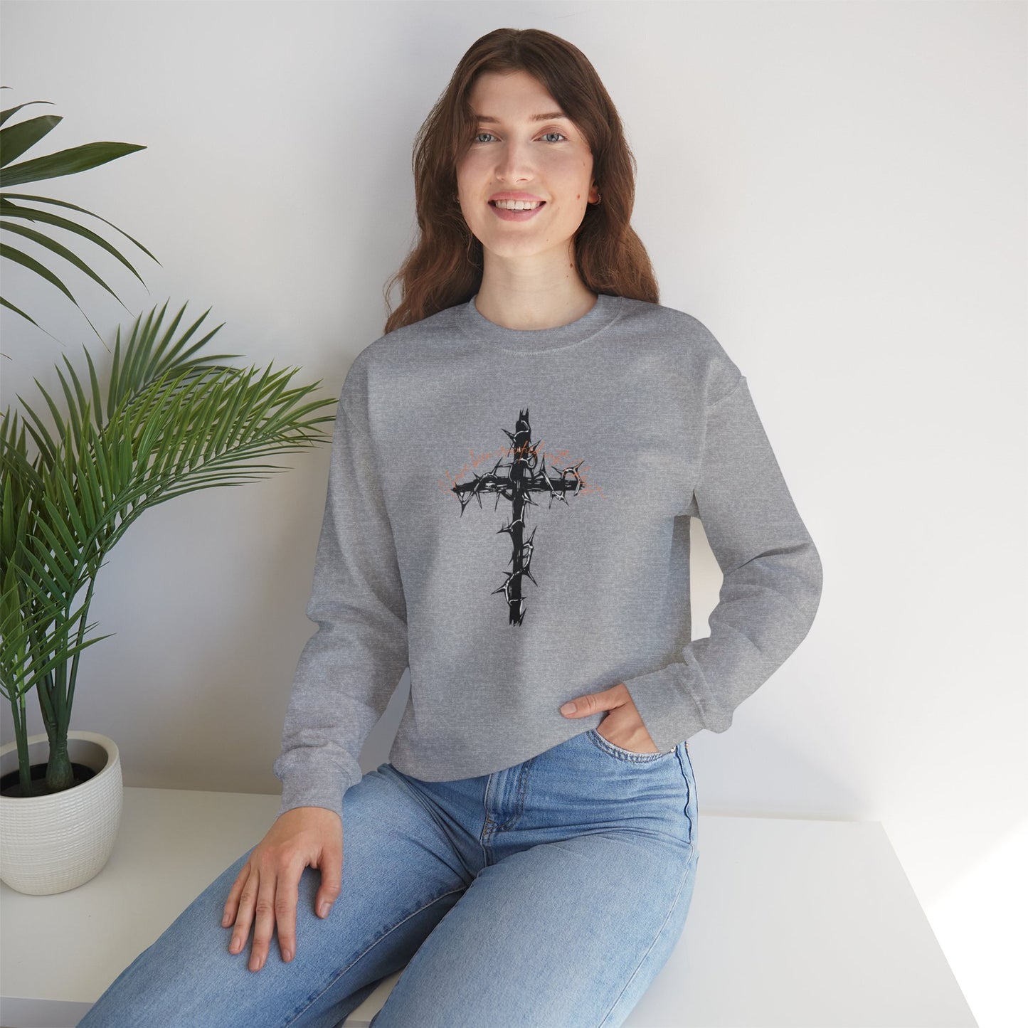 Faith Inspired Crewneck Sweatshirt Barbed Cross Design with Galatians 2:20