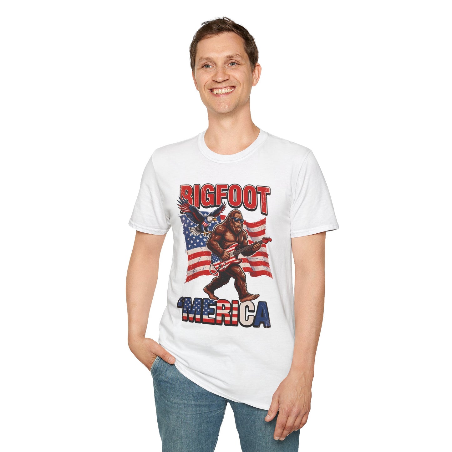 Bigfoot America T-Shirt — Patriotic Bigfoot Playing Guitar Graphic Tee