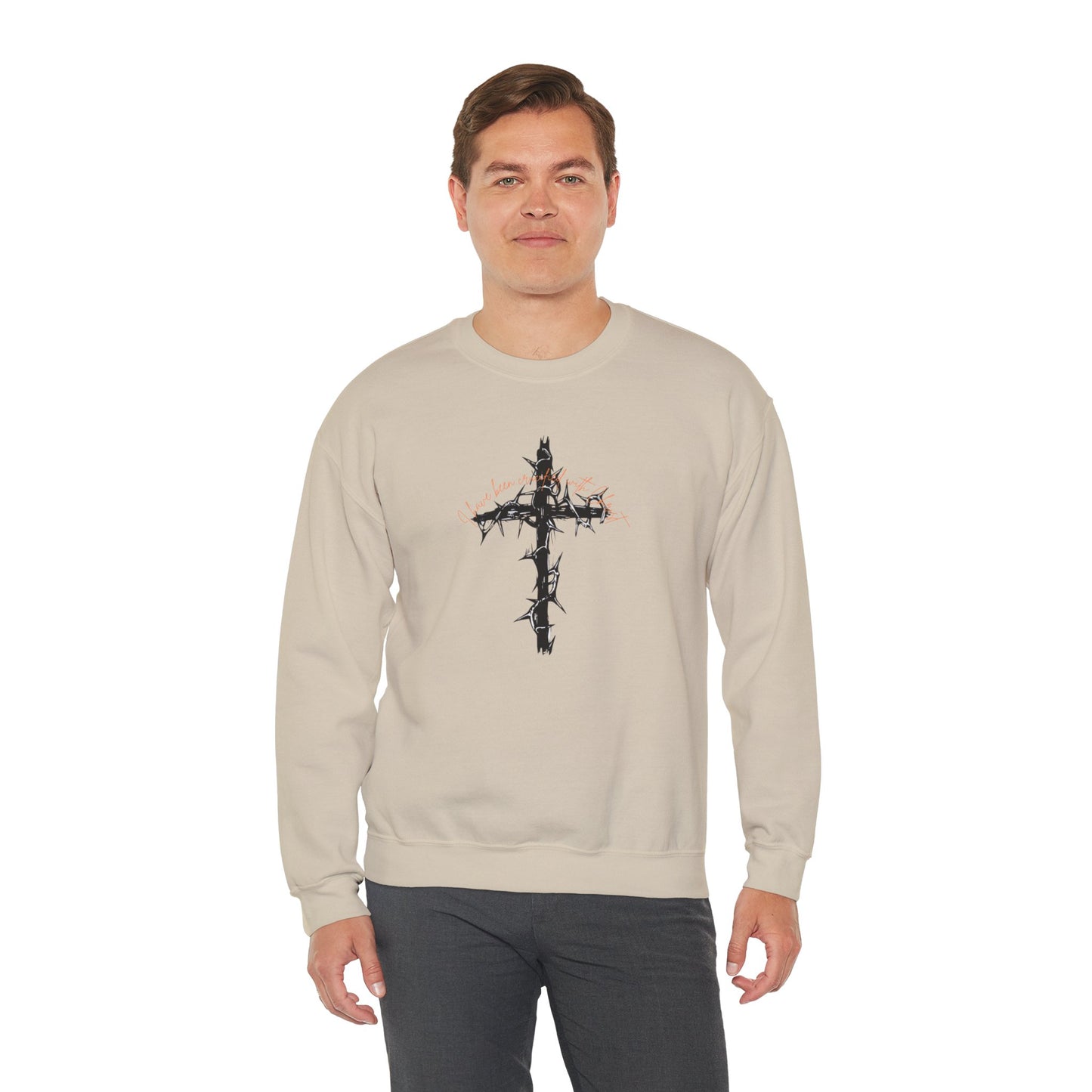 Faith Inspired Crewneck Sweatshirt Barbed Cross Design with Galatians 2:20