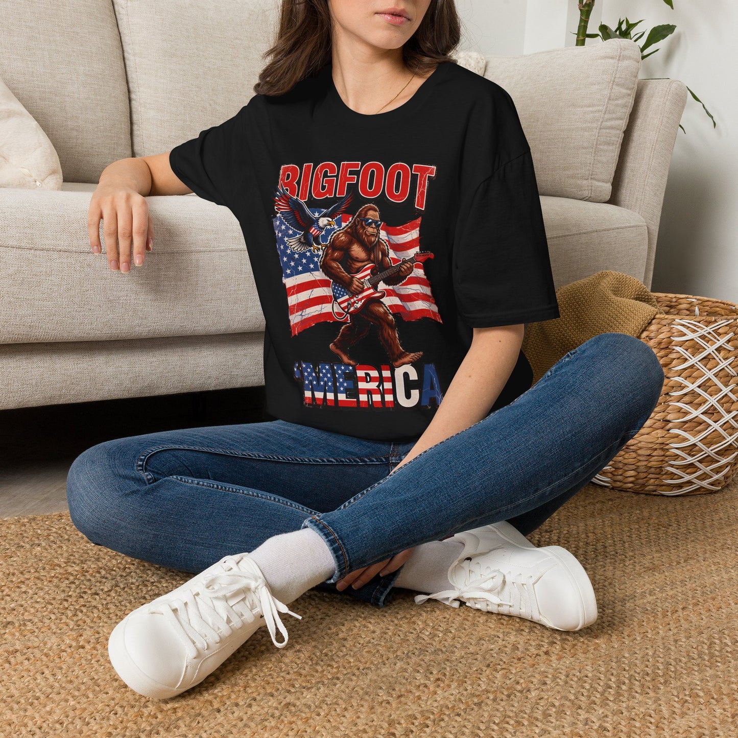Bigfoot America T-Shirt — Patriotic Bigfoot Playing Guitar Graphic Tee