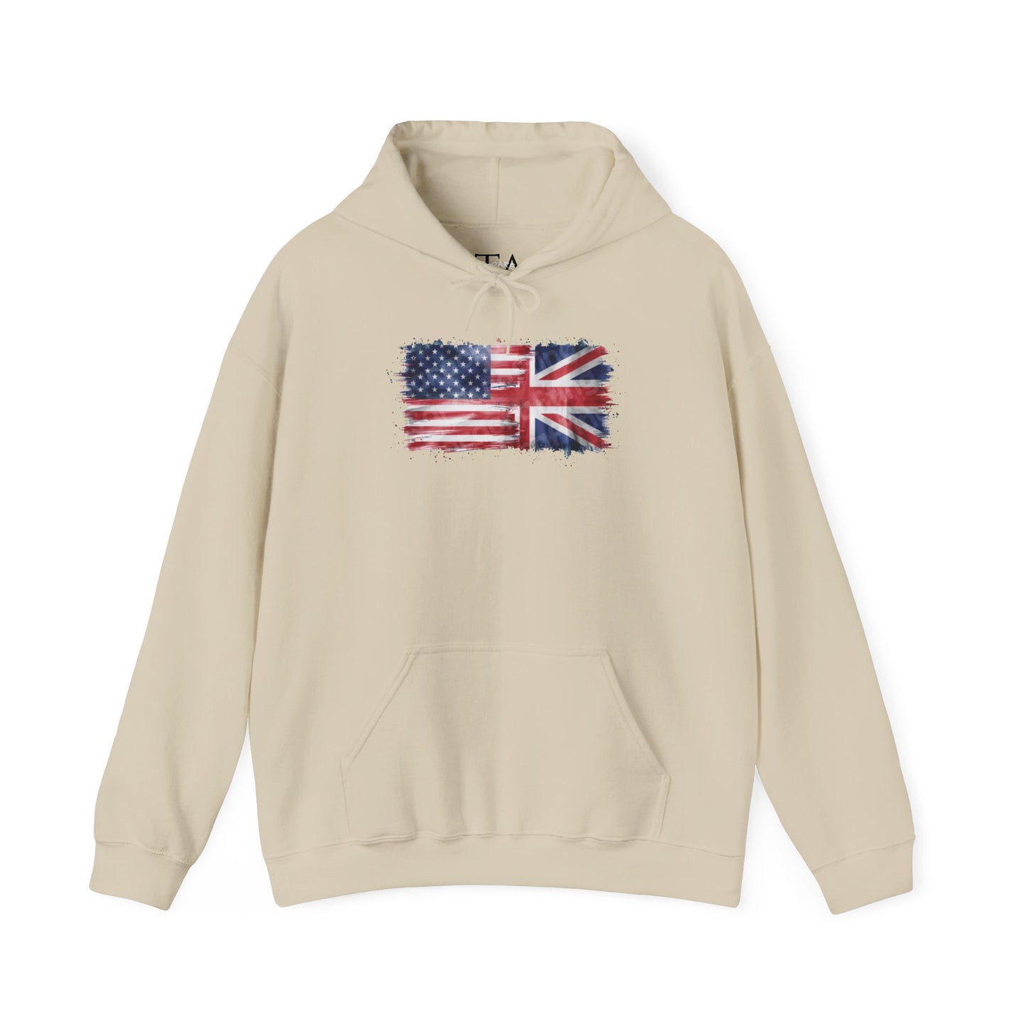 Patriotic Hooded Sweatshirt | Unisex Heavy Blend™ | USA & UK Flag Design | Cozy Gift for Holidays, Reunions, or Casual Wear