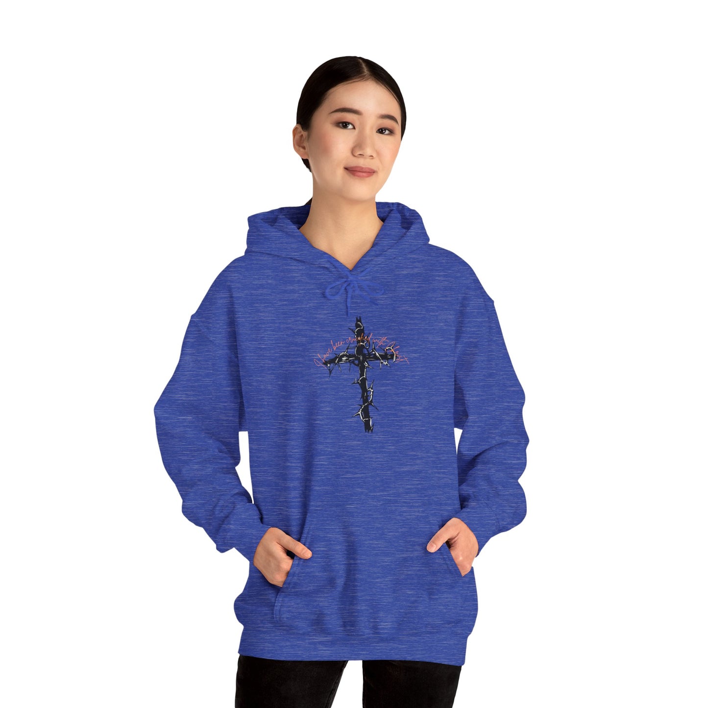 Faith Inspired Christian Cross with Thorns on Front and Galatians 2:20 on back Hooded Sweatshirt