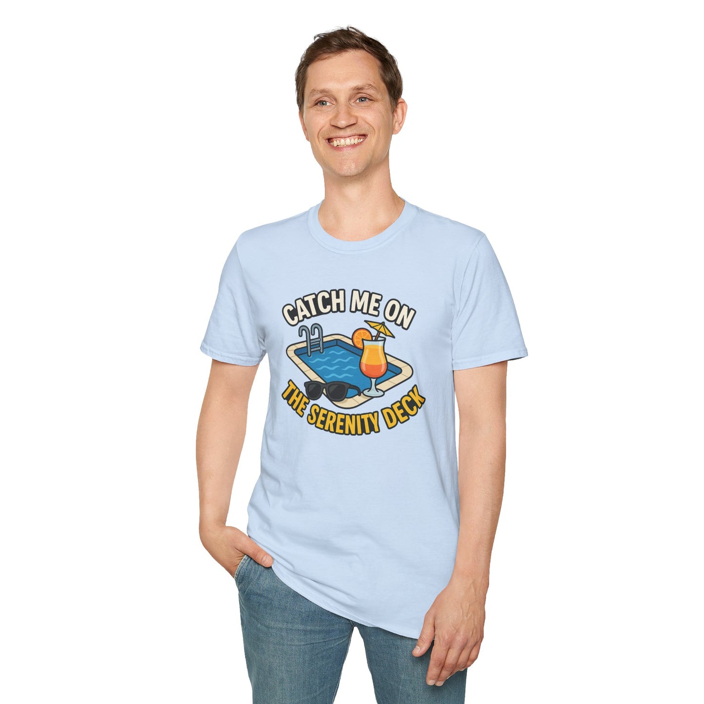 Catch Me on the Serenity Deck Unisex Softstyle T-Shirt, Relaxation Tee, Vacation T-Shirt, Beachwear, Gift for Travel Lovers