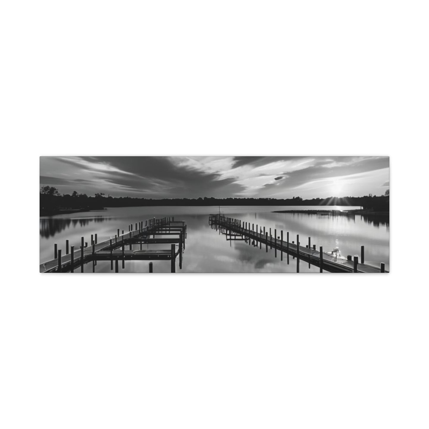 Serene Black and White Landscape Canvas Wall Art. Experience the calming vibe of overlooking the water at the end of the day.