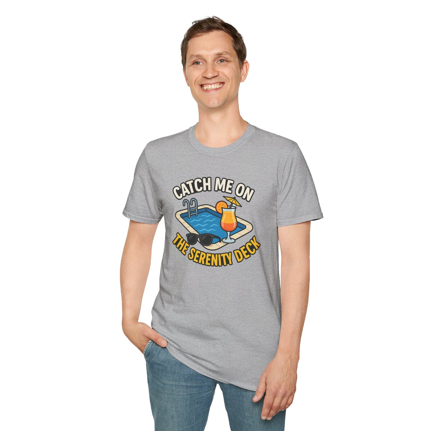 Catch Me on the Serenity Deck Unisex Softstyle T-Shirt, Relaxation Tee, Vacation T-Shirt, Beachwear, Gift for Travel Lovers