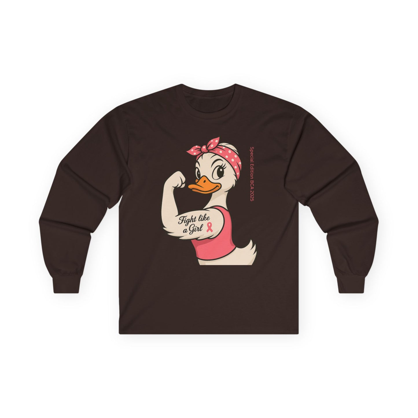 Breast Cancer Awareness Fight Like a Girl Duck Long Sleeve Tee - Unisex Crewneck, Roxie the Riveter Empowerment, Gift for him and her