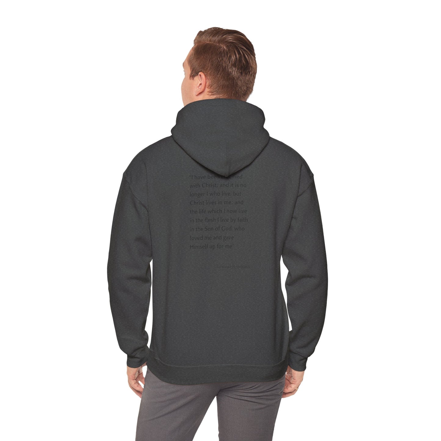 Faith Inspired Christian Cross with Thorns on Front and Galatians 2:20 on back Hooded Sweatshirt