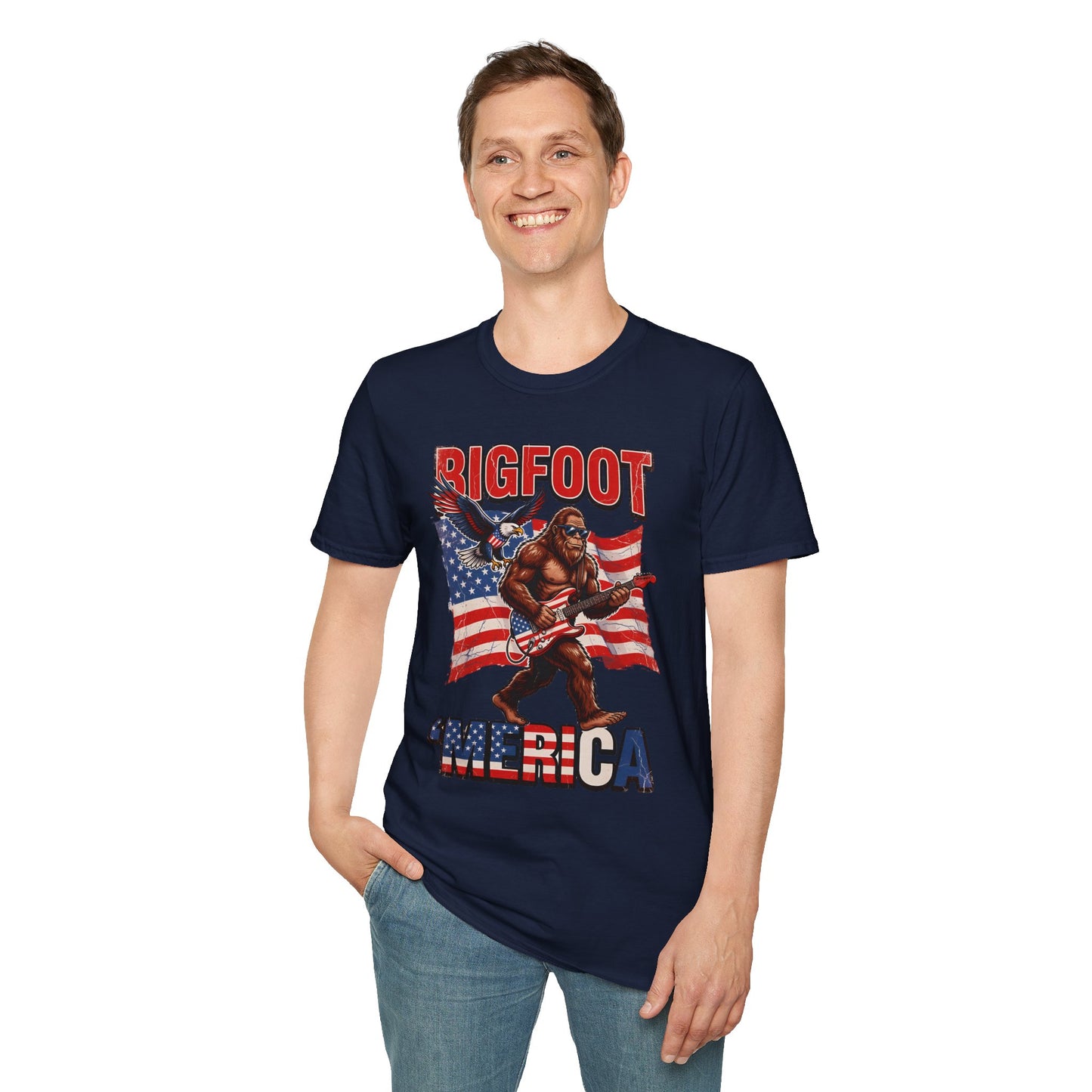 Bigfoot America T-Shirt — Patriotic Bigfoot Playing Guitar Graphic Tee