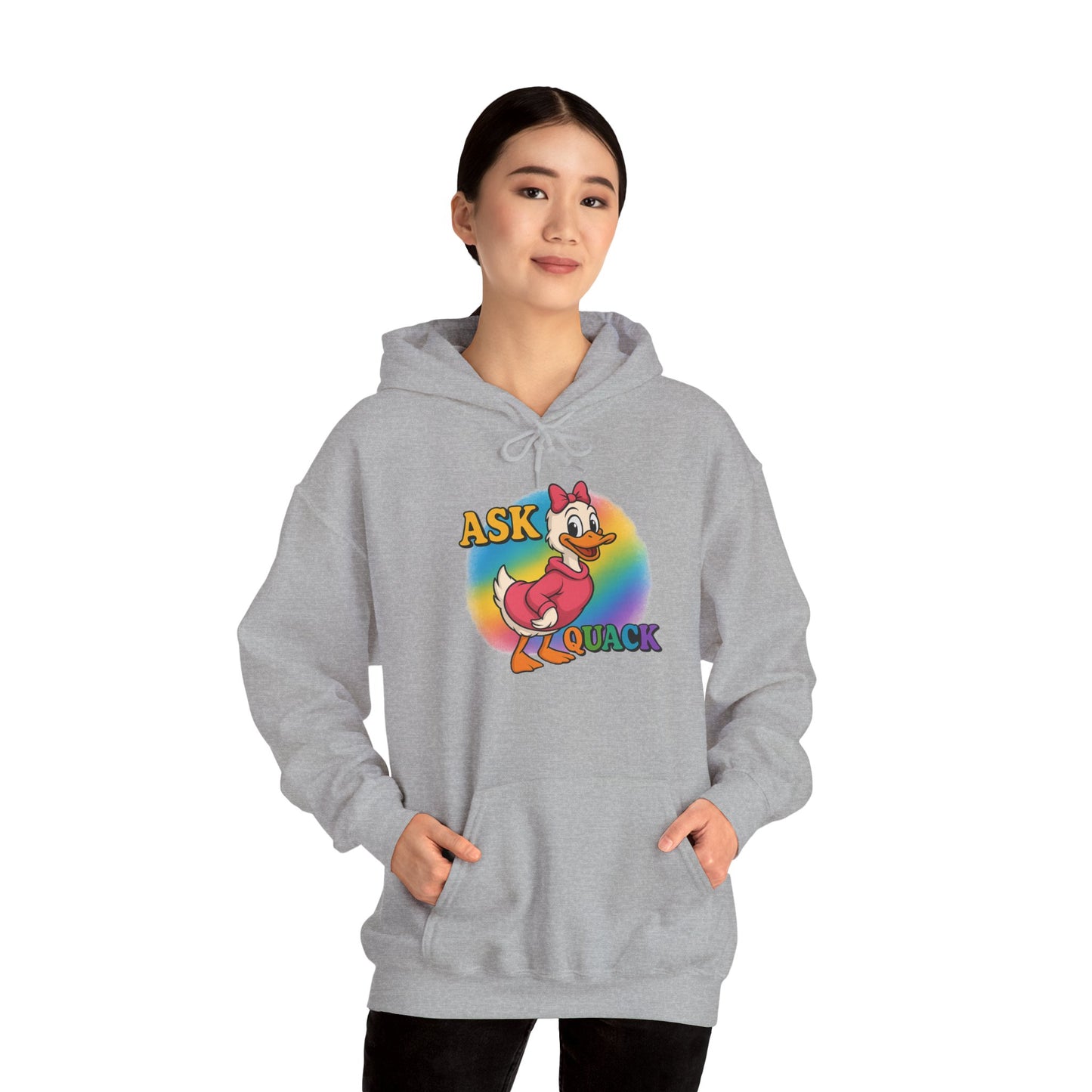 Askquack Female Duck Unisex Hoodie, Quirky Duck Design Sweatshirt, Novelty Animal Jumper, Humorous Duck Apparel, Unique Hooded Top