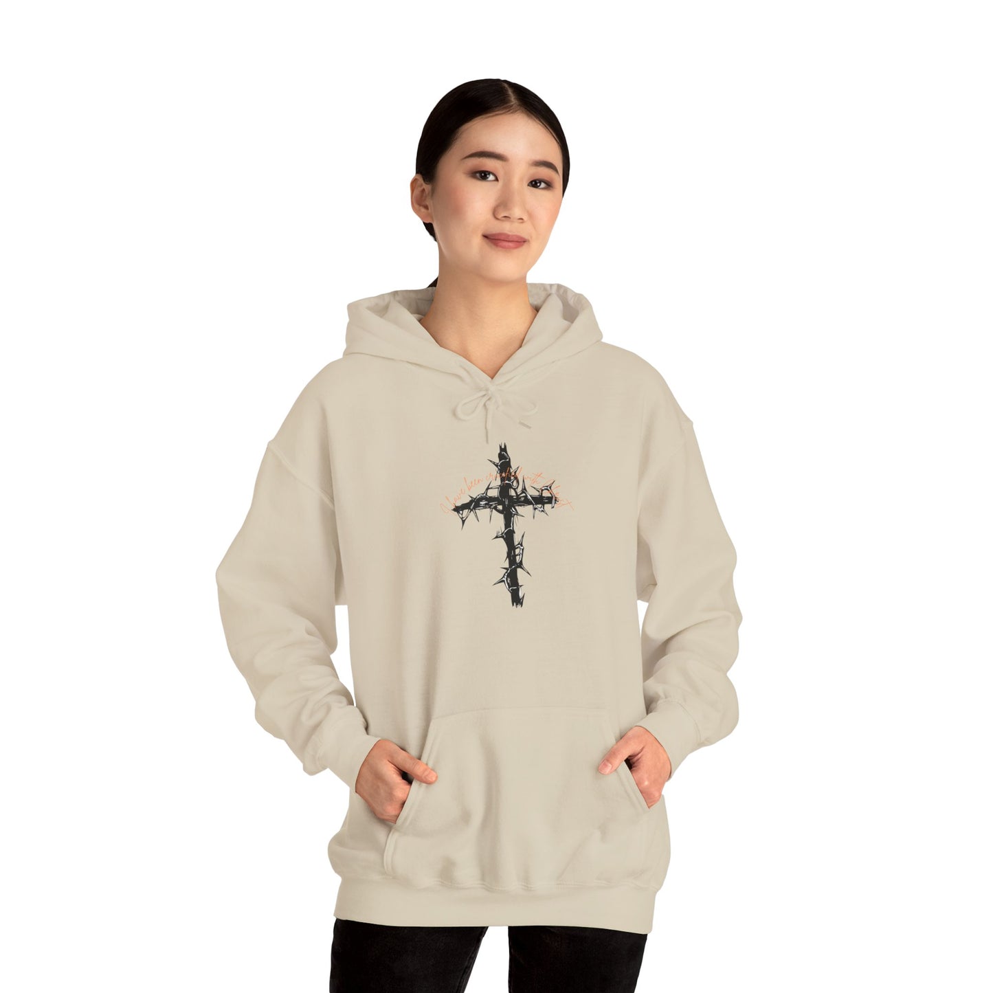 Faith Inspired Christian Cross with Thorns on Front and Galatians 2:20 on back Hooded Sweatshirt