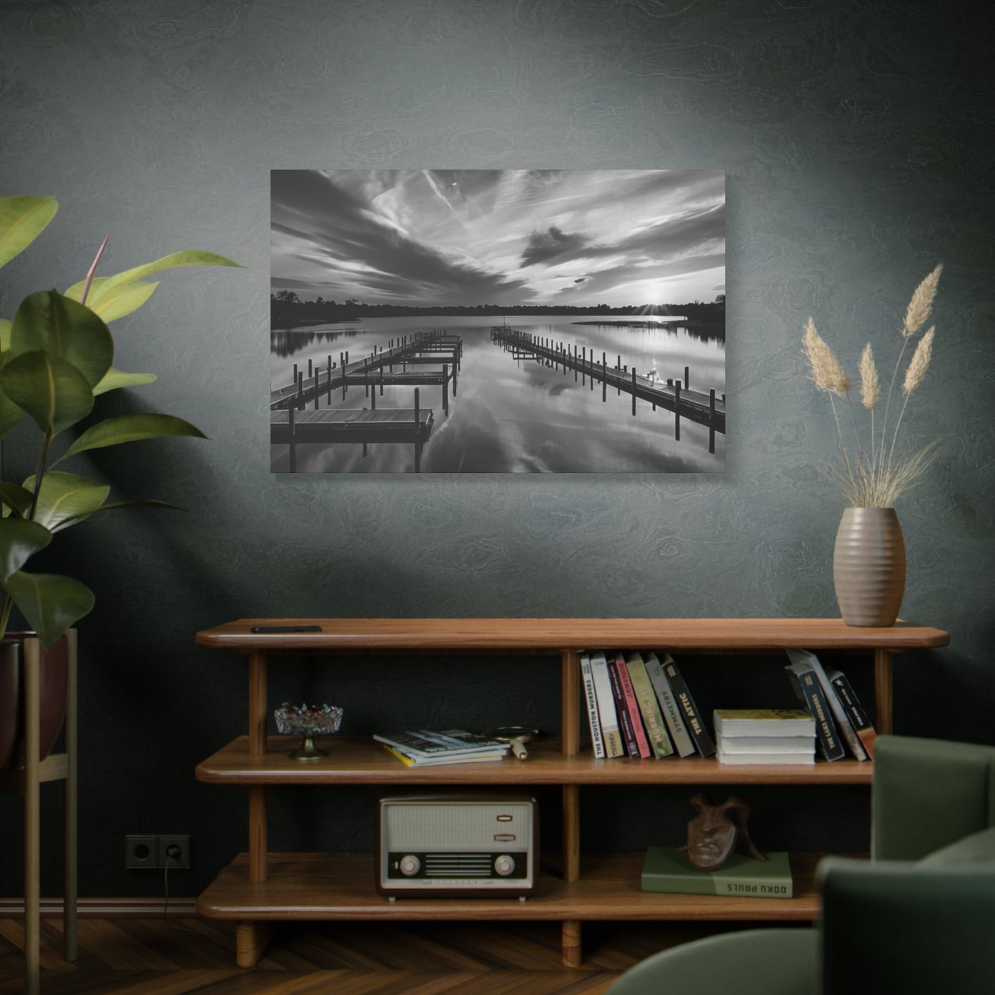 Serene Black and White Landscape Canvas Wall Art. Experience the calming vibe of overlooking the water at the end of the day.
