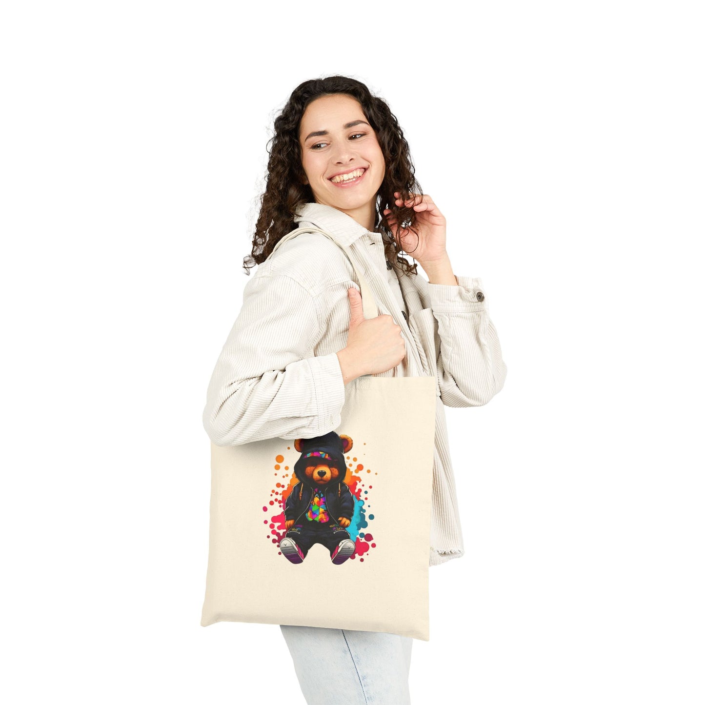 Cotton Canvas Colorful Bear Art Tote Bag