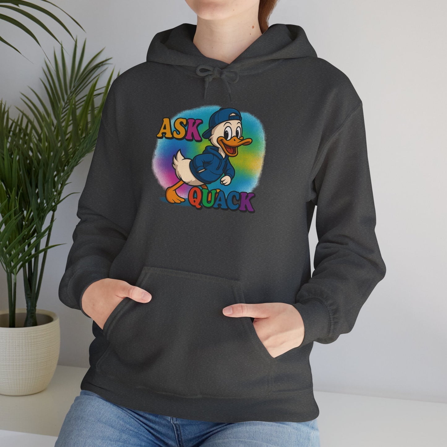 Askquack Male Duck Unisex Hoodie, Quirky Duck Design Sweatshirt, Novelty Animal Jumper, Humorous Duck Apparel, Unique Hooded Top