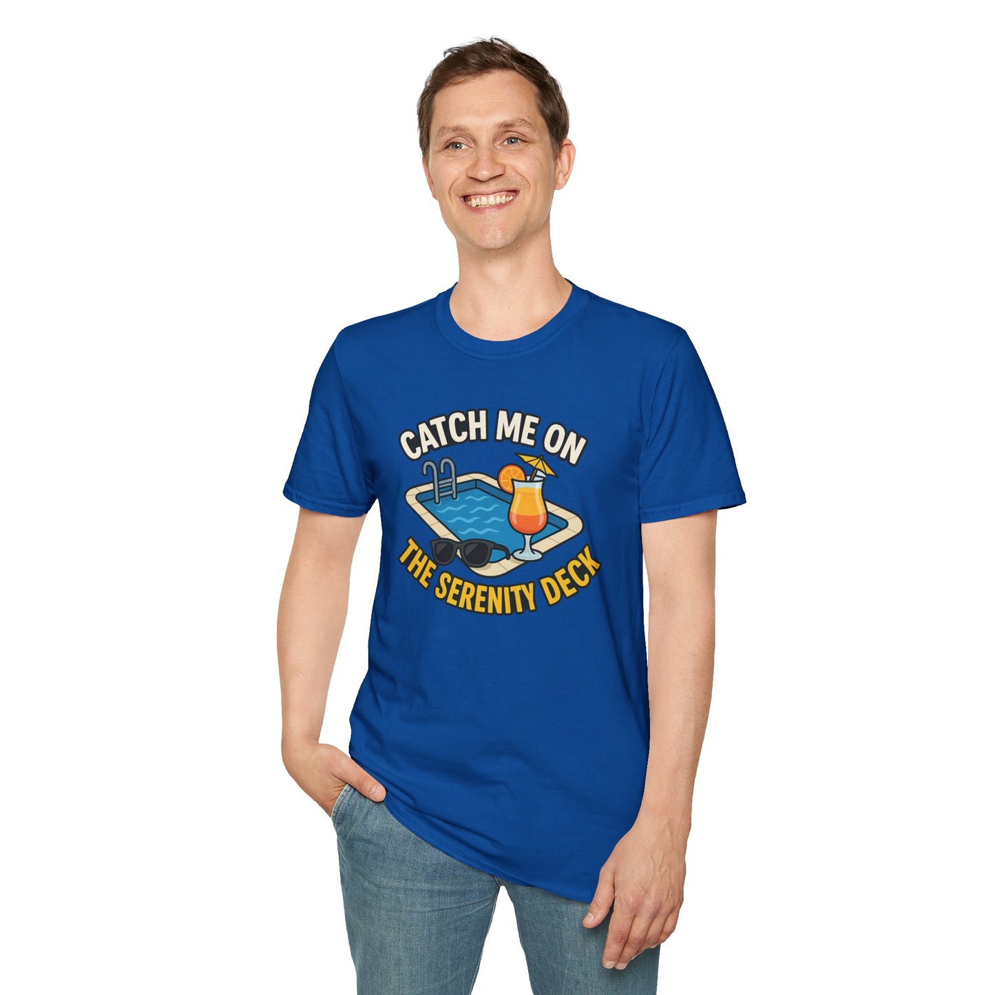 Catch Me on the Serenity Deck Unisex Softstyle T-Shirt, Relaxation Tee, Vacation T-Shirt, Beachwear, Gift for Travel Lovers
