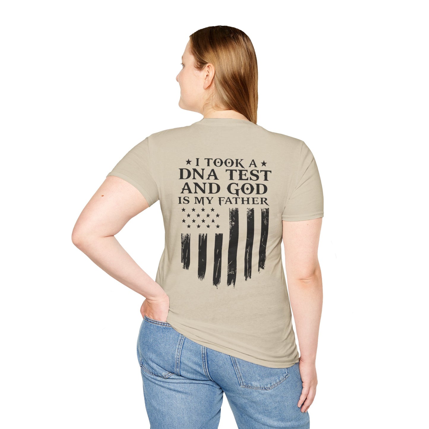 Patriotic DNA Test T-Shirt - Unisex Softstyle - I took a DNA test and GOD is my father