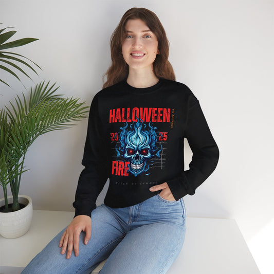 Halloween Fire Skull Sweatshirt, Unisex Crewneck for Fall, Spooky Season Apparel, Gift for Halloween Lovers, Cozy Awareness Top