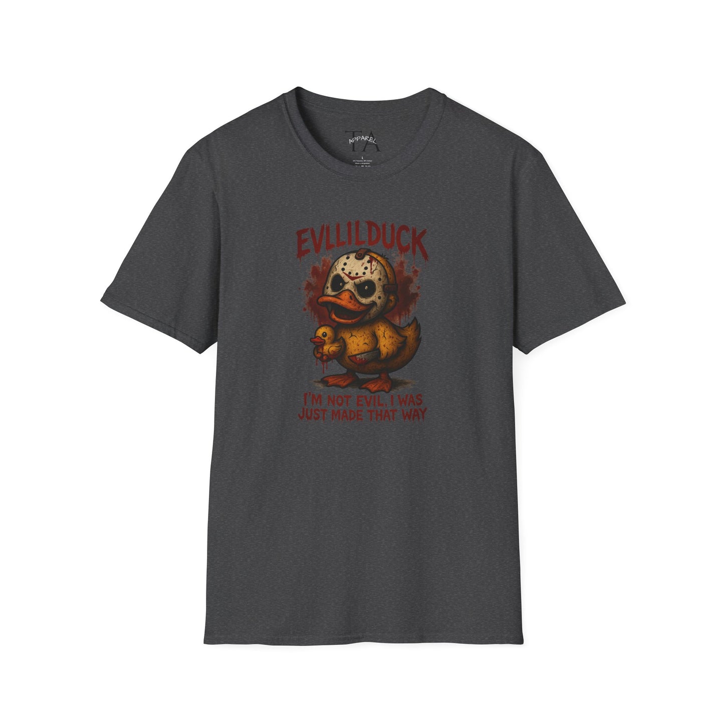 EVLLILDUCK Funny Graphic T-Shirt, Cute Duck Shirt, Unisex Softstyle Tee, Gift for Kids, Funny Quirky T-Shirt, Casual Wear, Halloween Apparel